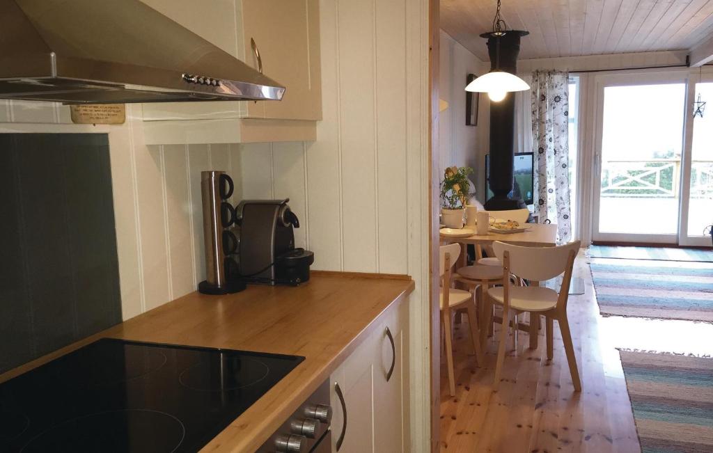 a kitchen with a counter and a table with chairs at 3 Bedroom Awesome Home In senfjorden in Vollen