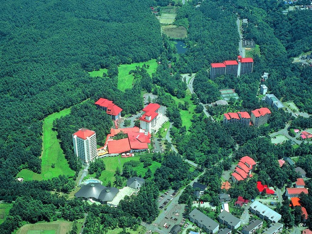 an aerial view of a building with red roofs at Kusatsu Onsen Hotel Village in Kusatsu