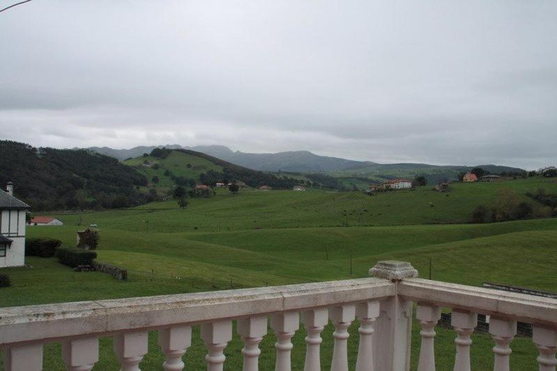 a white balcony with a view of a green field at Los Gallos in Sobremazas
