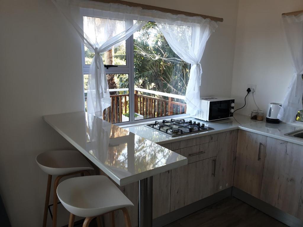 a kitchen with a counter with a stove and a window at Montrose on Bunkers 2 in East London