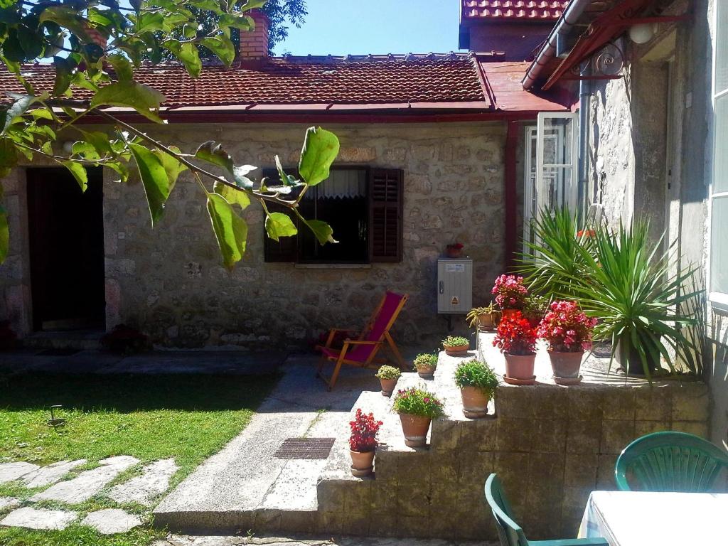 a patio with potted plants in front of a house at La Vecchia Casa in Cetinje