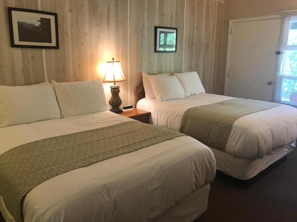 a hotel room with two beds and a lamp at Mill House Lodge - Flat Rock in Hendersonville