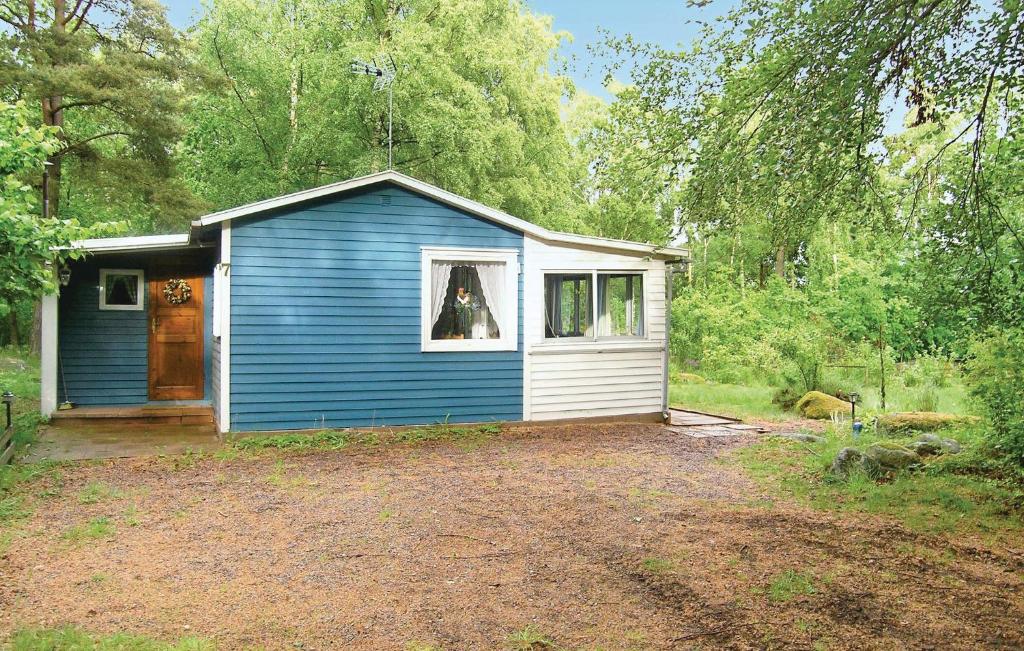 ein blaues Haus mit einem Hund im Fenster in der Unterkunft Stunning Home In Sderkra With 1 Bedrooms in Söderåkra