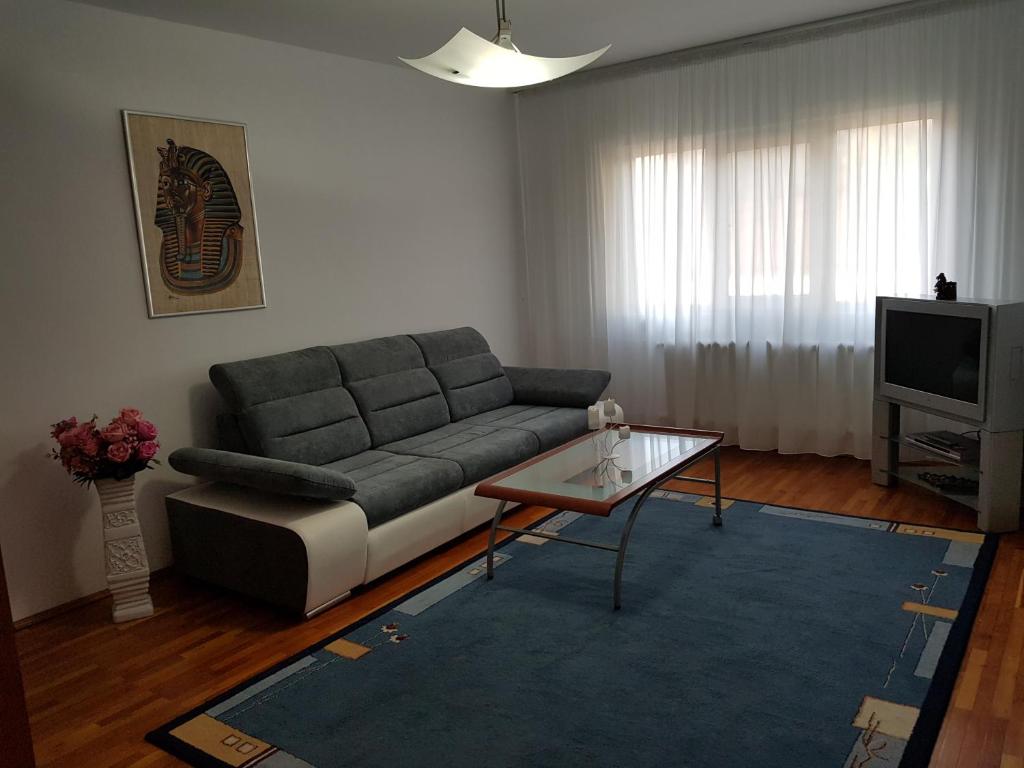 a living room with a couch and a tv at Apartament Melinda in Oradea