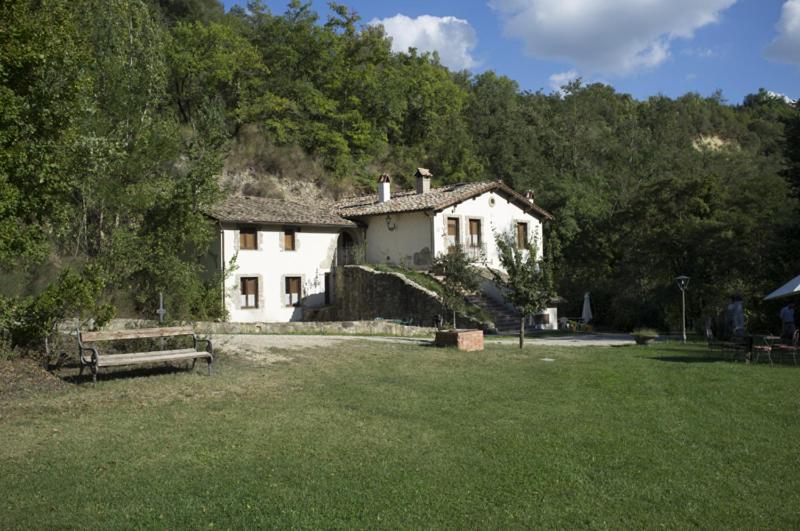 a white house with a bench in a field at Agriturismo San Giorgio in Orvieto