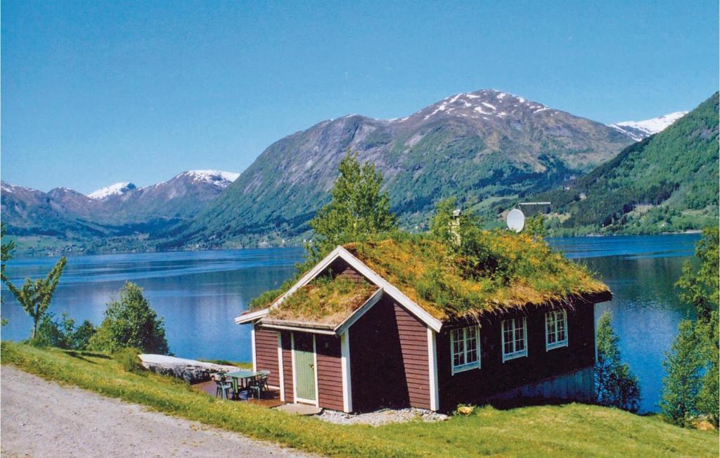 a small house with a grass roof next to a lake at Amazing Home In Skei I Jlster With House Sea View in Årdal