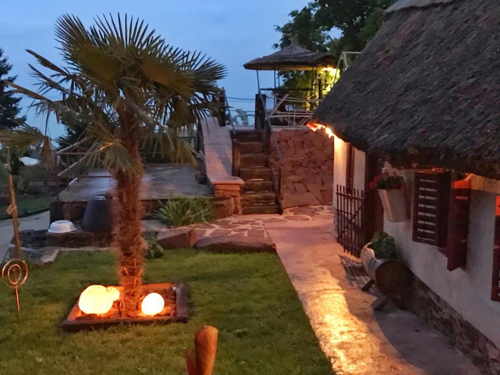 a house with a palm tree in the yard at 200 éves vendégház in Balatonalmádi