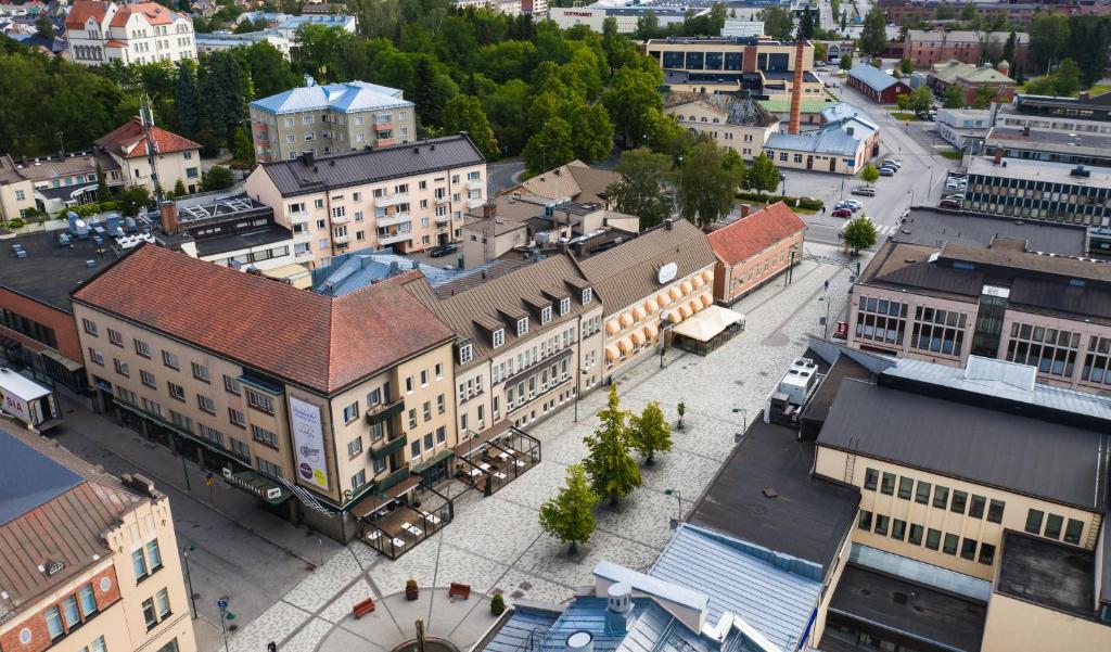 an overhead view of a city with buildings at Comfort Guesthouse in Pietarsaari
