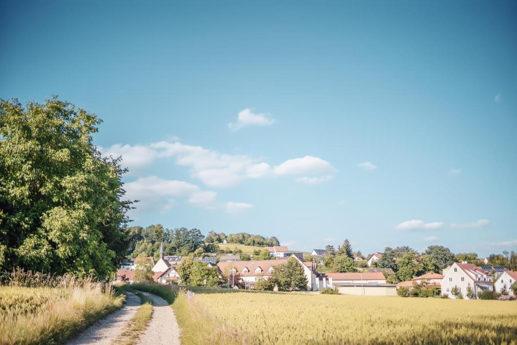 uma estrada de terra através de um campo com casas ao fundo em Landhotel Aschenbrenner em Freudenberg