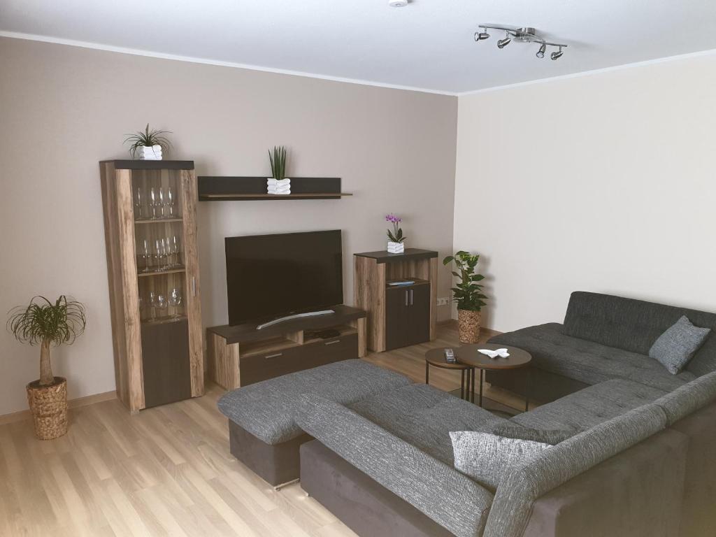 - un salon avec un canapé et une télévision dans l'établissement Ferienwohnung Sandra, à Heilbad Heiligenstadt