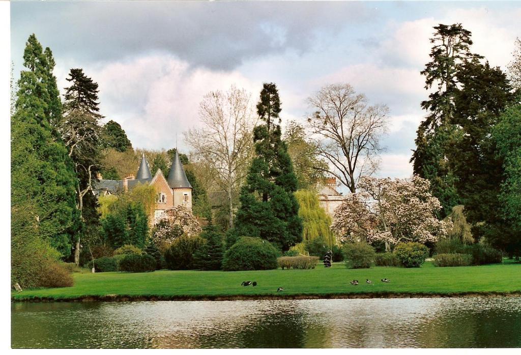 un jardín con una casa, un estanque y árboles en La Demeure d'Aglaë, en Villeneuve-sur-Allier