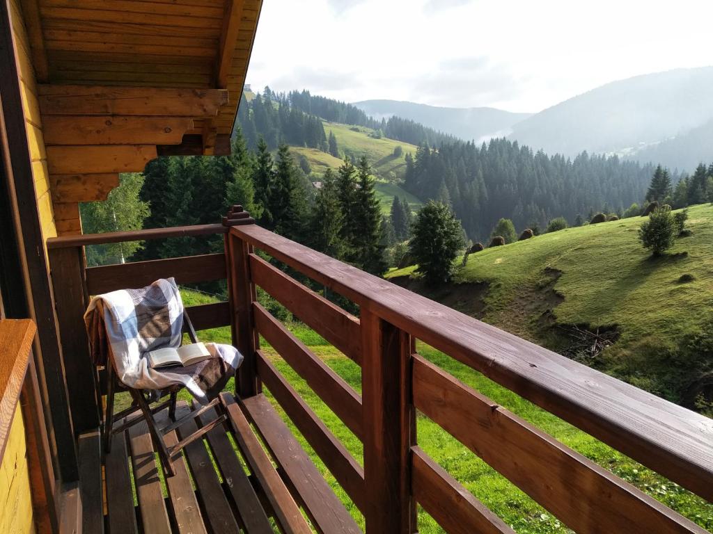 a chair on the balcony of a cabin with a view at Пагорб Їжака / Hedgehog Hill in Yablunytsya