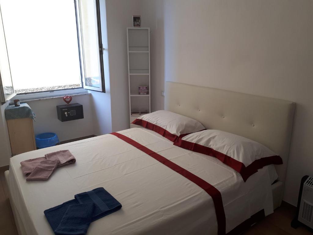 ラ・スペツィアにあるCasa vacanze P&G. Colline, mare, relaxのベッドルーム1室(ベッド1台、タオル2枚付)