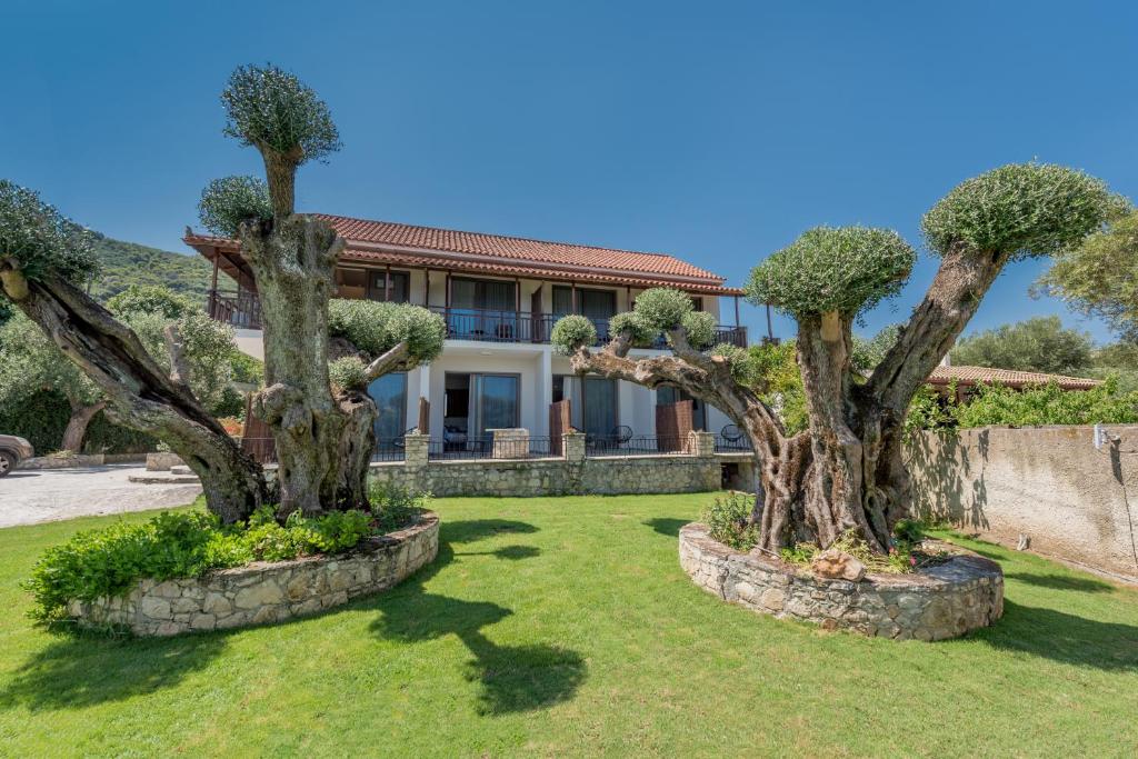 a house with three trees in a yard at Eptanisos Beachfront Suites Zante in Keri