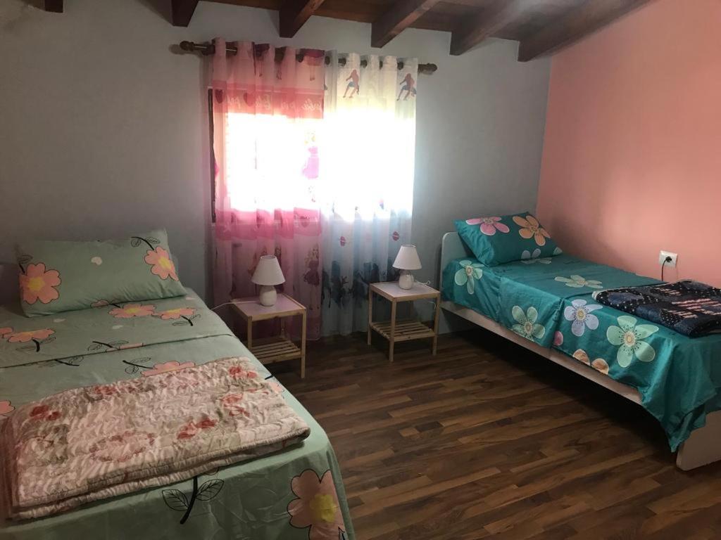 una camera da letto con due letti e una finestra di SARA'S VILLA a Shkodër