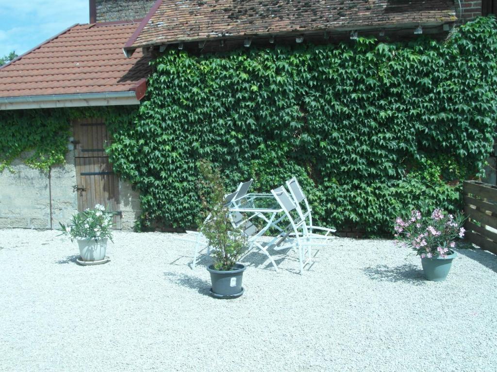 two chairs and potted plants in front of a hedge at La Garitinne in Onjon