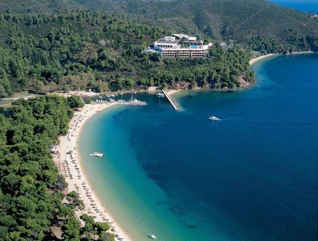 een luchtzicht op een strand met boten in het water bij Skiathos Palace Hotel in Koukounaries