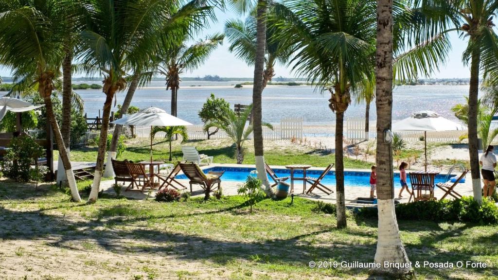 um resort com piscina e palmeiras em Pousada o Forte em Mangue Sêco