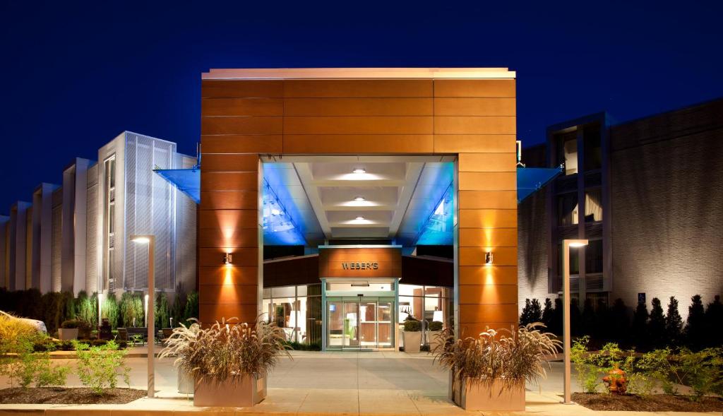 a lobby of a building at night at Weber's Hotel & Restaurant in Ann Arbor