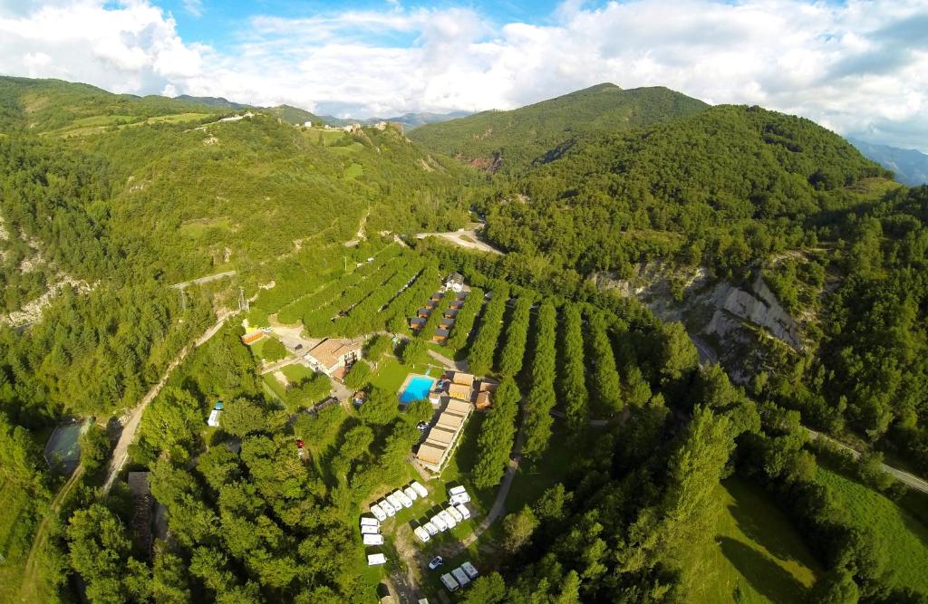 an aerial view of a vineyard in the mountains at Bungalows Baliera in Bonansa