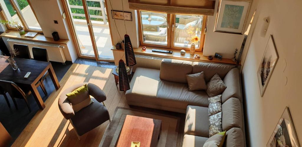 an overhead view of a living room with a couch at Parkview apartment in Zagreb's favorite neighborhood in Zagreb