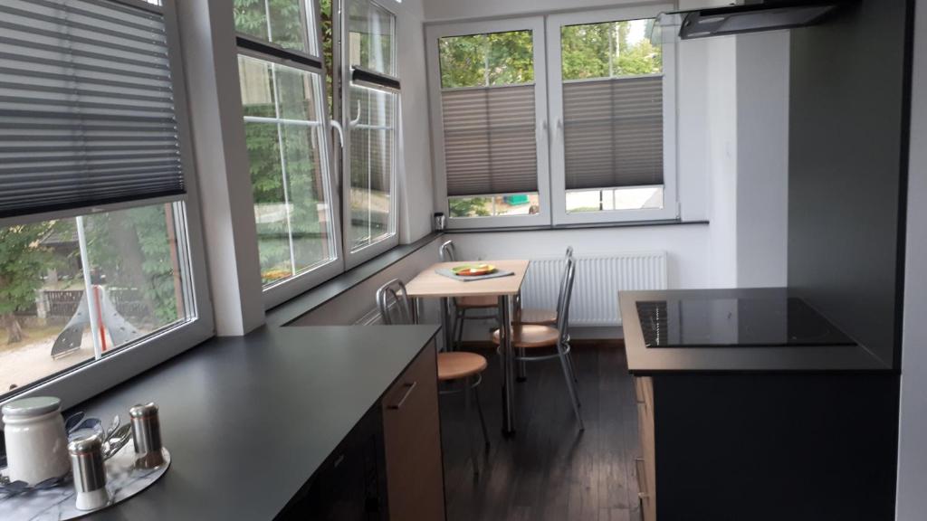 eine Küche mit einem Tisch und einigen Fenstern in der Unterkunft Apartament FRIKO in Karpacz