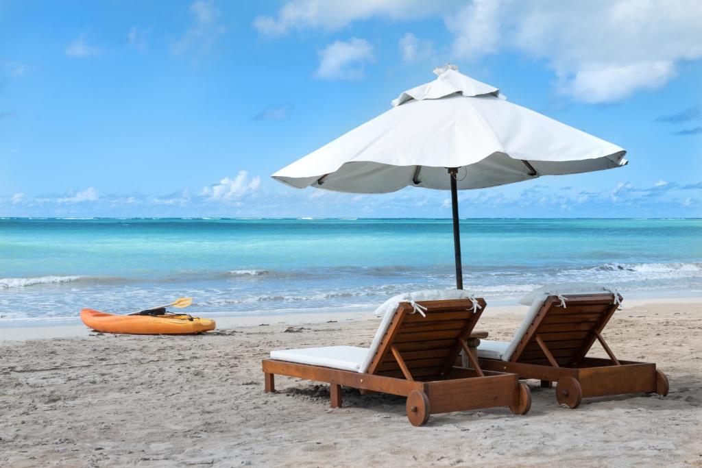 - deux chaises et un parasol sur une plage dans l'établissement Pousada da Amendoeira, à São Miguel dos Milagres