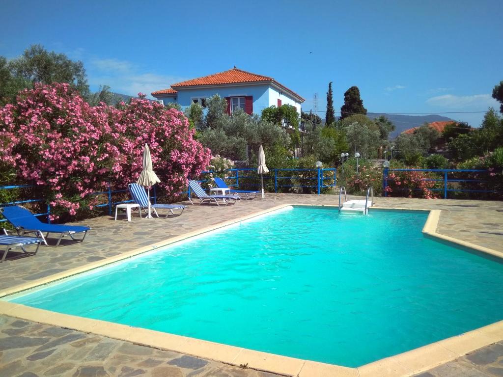 einen Pool mit Stühlen und Sonnenschirmen vor einem Haus in der Unterkunft Diamanti Molivos Studios & Apartments in Mythimna