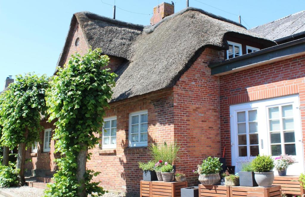 Dat Strandgood في Oevenum: منزل قديم مع سقف من القش ونباتات الفخار