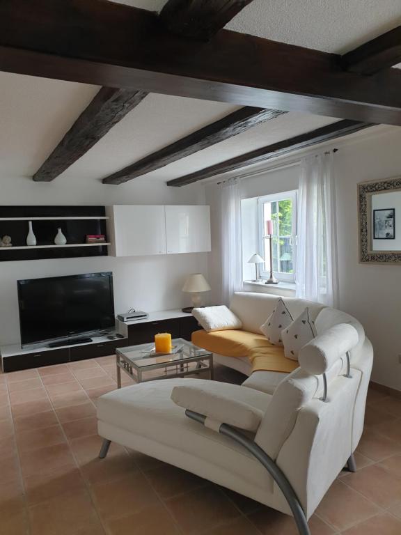 ein Wohnzimmer mit einem weißen Sofa und einem TV in der Unterkunft Ferienhaus Gogelhopf in Unterschneidheim