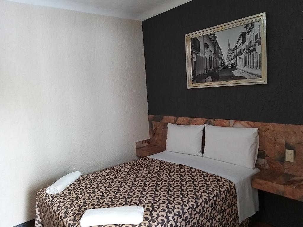 una camera con un letto con una foto sul muro di Hotel Aguila a Guadalajara