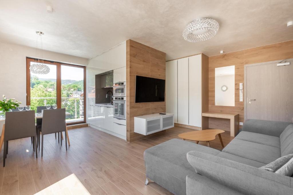 TV a/nebo společenská místnost v ubytování Apartamenty BlueSky - Ogrodnicza 7 i 9 - z widokiem na góry, w zielonej okolicy, blisko centrum i atrakcji Karpacza