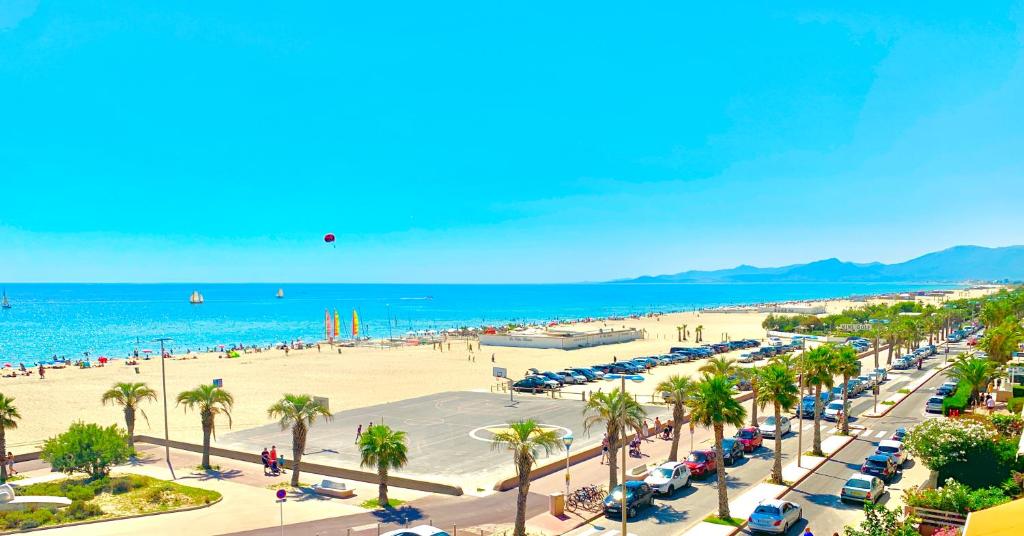 a beach with a lot of cars and palm trees at LE PALAIS dETE T4 6-8 115m2 grand standing garage carplug in Canet-en-Roussillon