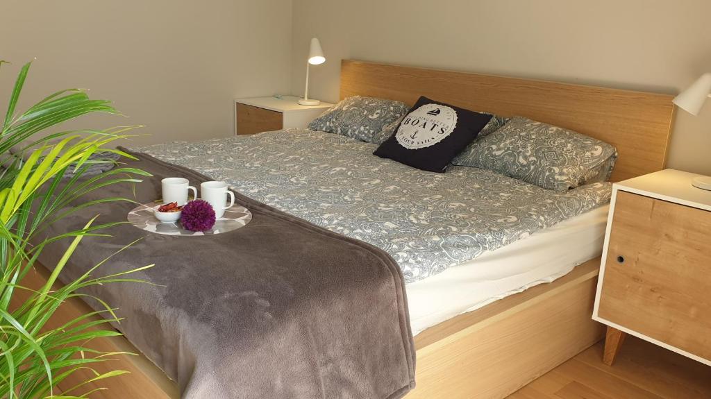 um quarto com uma cama com uma bandeja de comida em Lake View Apartment em Iława