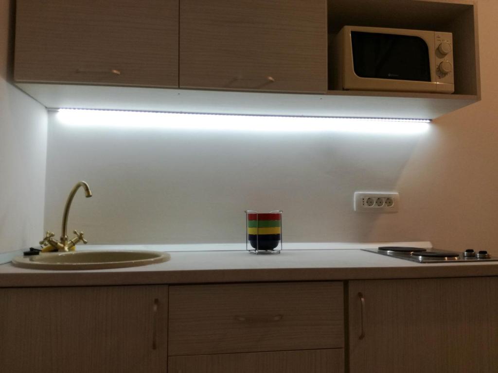 a kitchen with a sink and a microwave at BrasovApart Piata Sfatului 1 in Braşov
