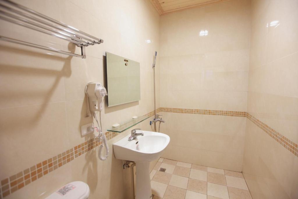a bathroom with a sink and a toilet and a mirror at Fasiter B&amp;B train station in Hualien City
