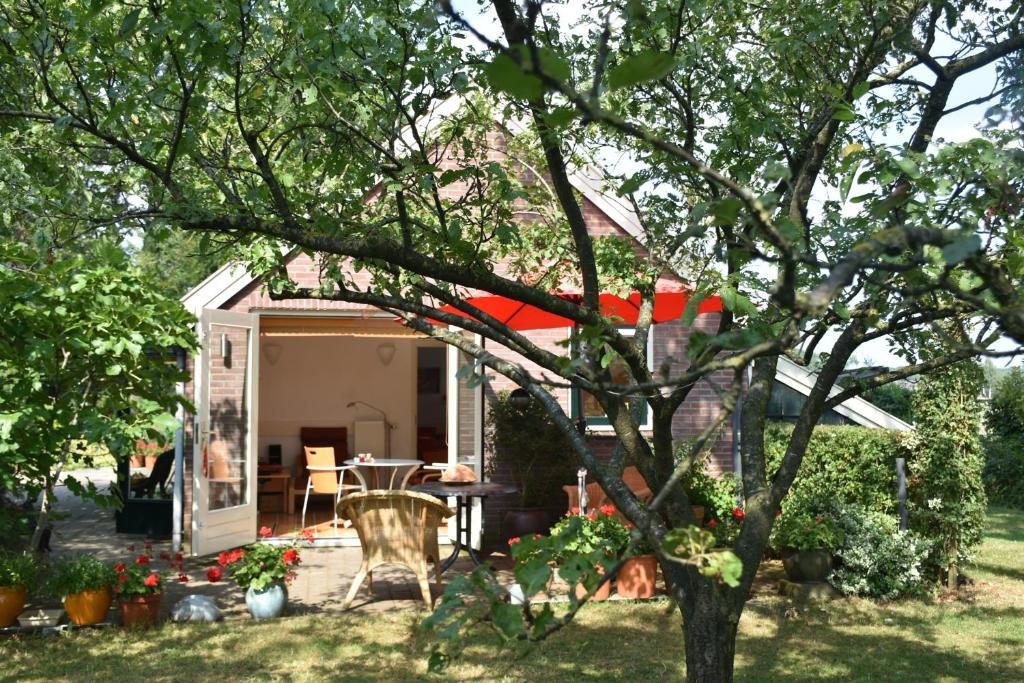 a tiny house in a garden with a tree at Beeldend Buiten in Wichmond