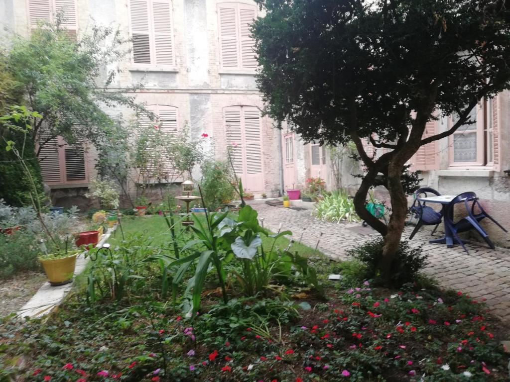 un jardin en face d'un bâtiment avec un arbre dans l'établissement hôtel particulier SENS centre ville, à Sens