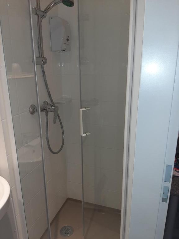 a shower with a glass door in a bathroom at Fasthotel Albertville in Albertville