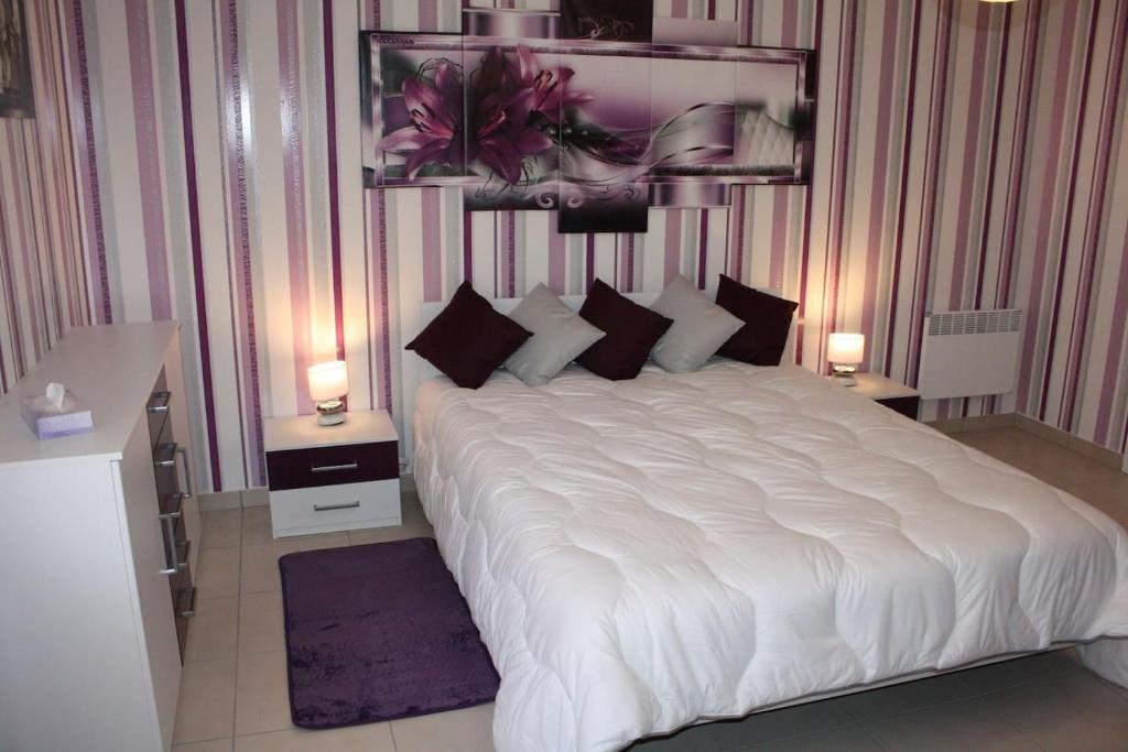 Choloy的住宿－Gîte du Gué，一间卧室配有一张带两盏灯的大型白色床。