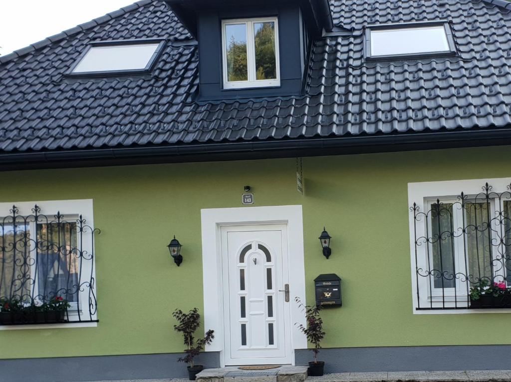 a green house with a white door and windows at Ferienhaus "Platzhirsch" in Hollenstein an der Ybbs