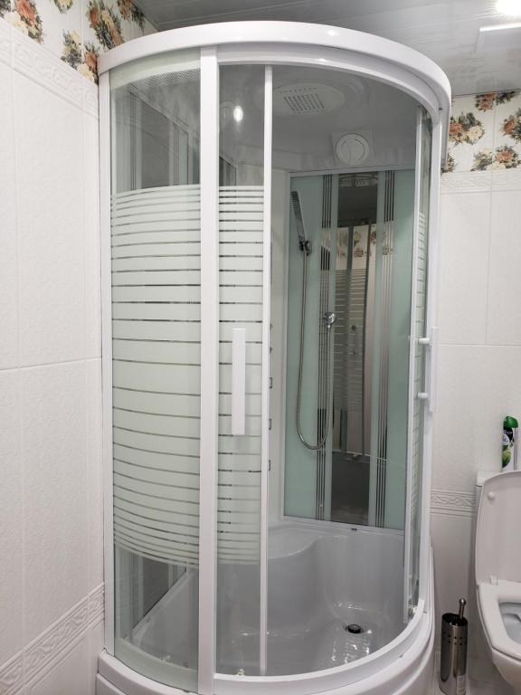a shower with a glass door in a bathroom at Sadyba Medova nasoloda in Guta