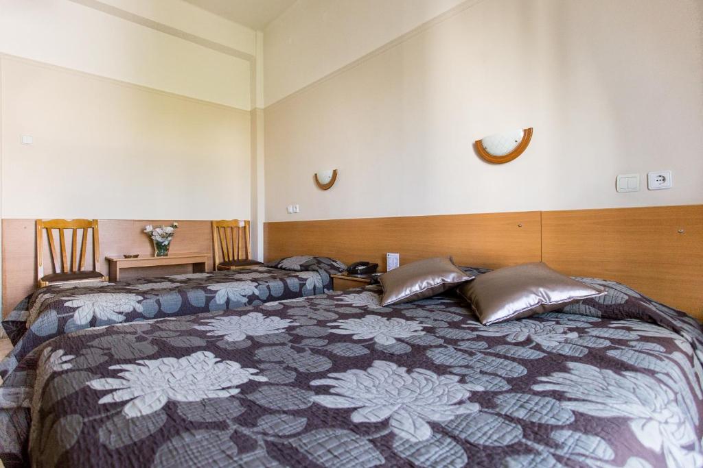 a bedroom with two beds and a wooden headboard at Anesis Hotel in Kozani