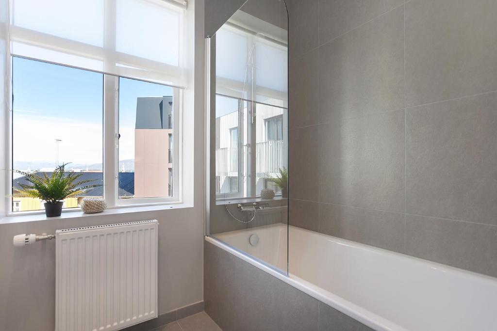 baño con bañera y ventana en Vesturgata, en Reikiavik