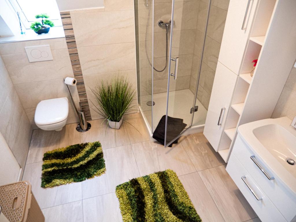 a bathroom with a shower and a toilet and a sink at Damm Apartments in Hannover