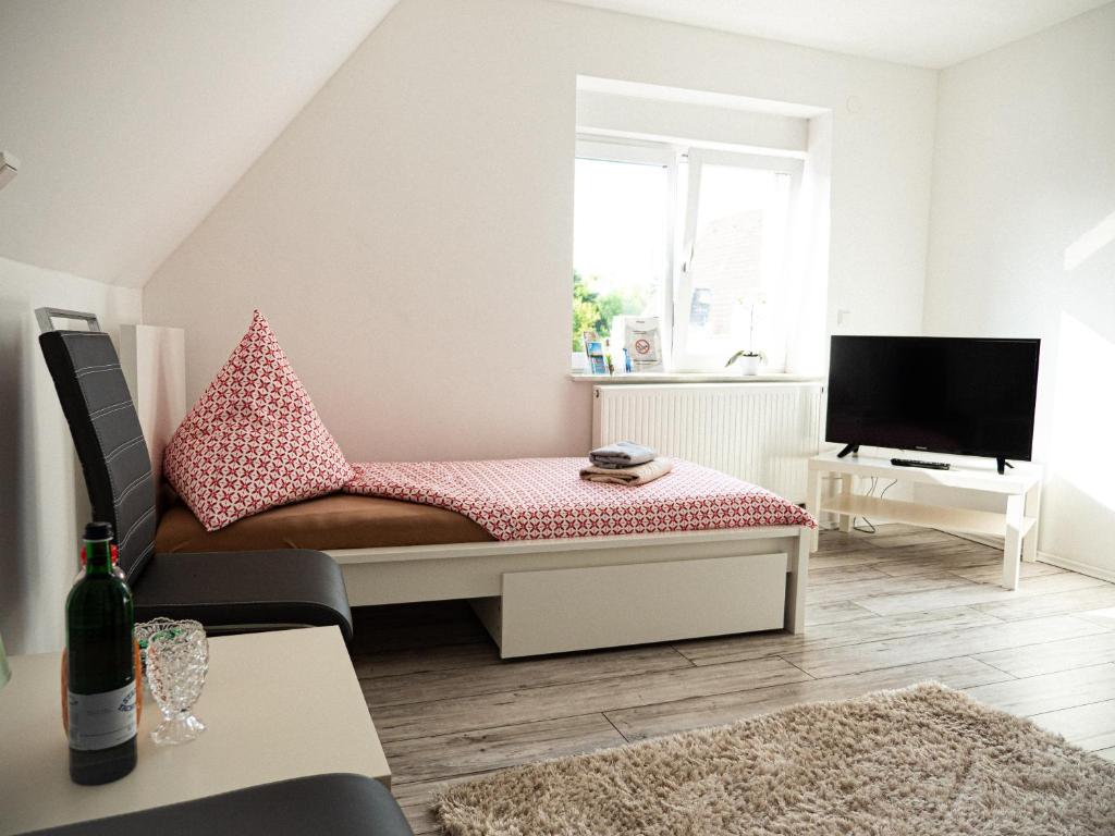a living room with a couch and a tv at Damm Apartments in Hannover