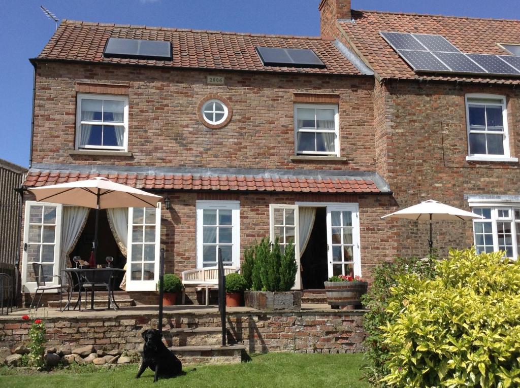 a black dog sitting in front of a house with solar panels at Hazelwood Farm B&B in Easingwold
