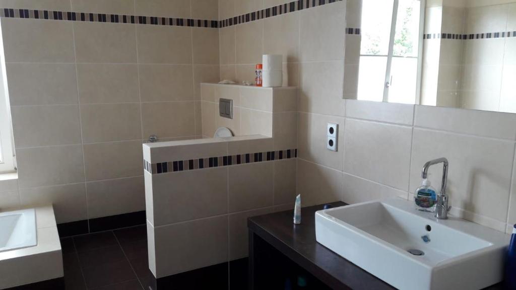 a white bathroom with a sink and a mirror at Bella Villa in Traben-Trarbach