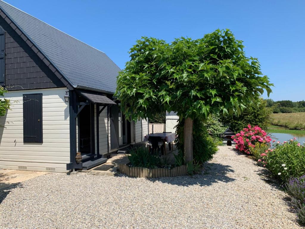 a house with a tree and a gravel driveway at Chalet bord de mer 6 couchages in Merville-Franceville-Plage