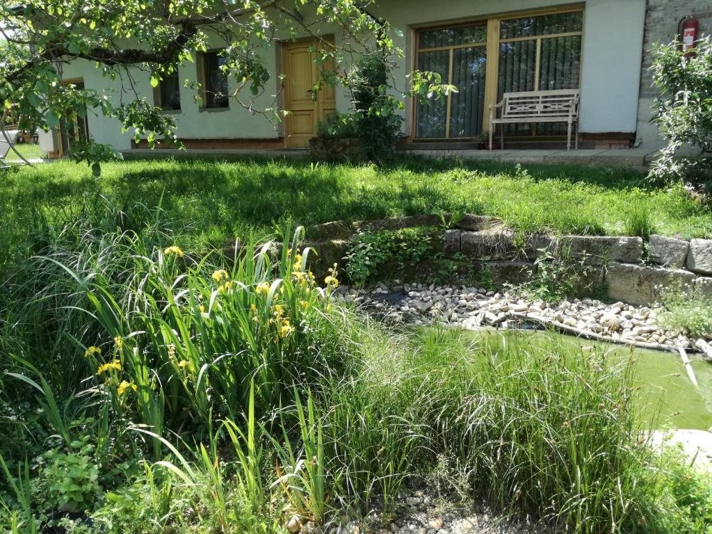 a garden with a bench in front of a house at Ekofarma Rytířova Lhota in Rytířova Lhota